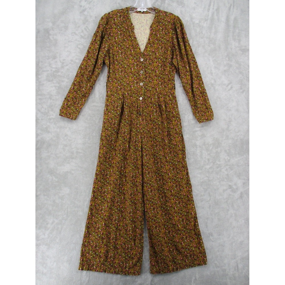 FRNCH Jumpsuit Womens Size M Floral Linen Wide Leg Pockets Cottage Mustard Boho